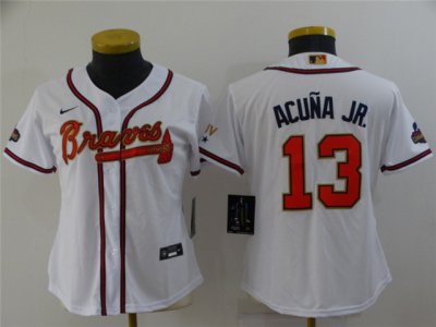 Women's Atlanta Braves #13 Ronald Acuna Jr. White 2022 Gold Program Cool Base Jersey