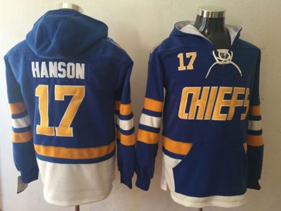 Slap Shot Charlestown Chiefs #17 Steve Hanson Blue One Front Pocket Hoodie Jersey