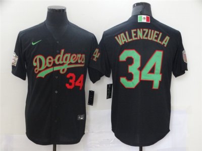 Los Angeles Dodgers #34 Fernando Valenzuela Black Mexico Flag Themed World Series Jersey
