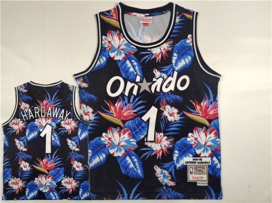 Orlando Magic #1 Anfernee Hardaway 1994-95 Black Floral Fashion Hardwood Classics Jersey