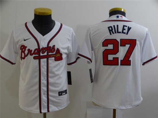 Youth Atlanta Braves #27 Austin Riley White Cool Base Jersey