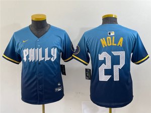 Youth Philadelphia Phillies #27 Aaron Nola Blue 2024 City Connect Limited Jersey