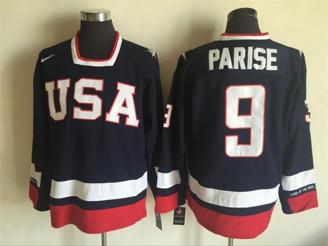 2010 Winter Olympics Team USA #9 Zach Parise CCM Vintage Navy Hockey Jersey - Click Image to Close