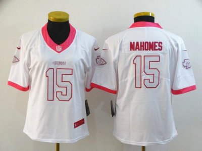 Women Kansas City Chiefs #15 Patrick Mahomes White Pink Fashion Vapor Limited Jersey