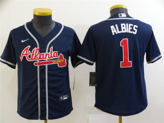 Youth Atlanta Braves #1 Ozzie Albies Navy Cool Base Jersey