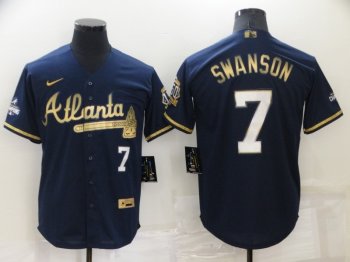 Atlanta Braves #7 Dansby Swanson Navy Gold Cool Base Jersey