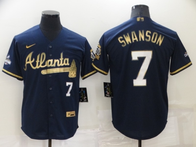 Atlanta Braves #7 Dansby Swanson Navy Gold Cool Base Jersey - Click Image to Close