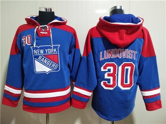 New York Rangers #30 Henrik Lundqvist Blue Ageless Must-Have Lace-Up Pullover Hoodie