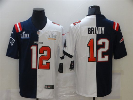 New England Patriots #12 Tom Brady Split Navy/White Super Bowl LIII/LV Jersey