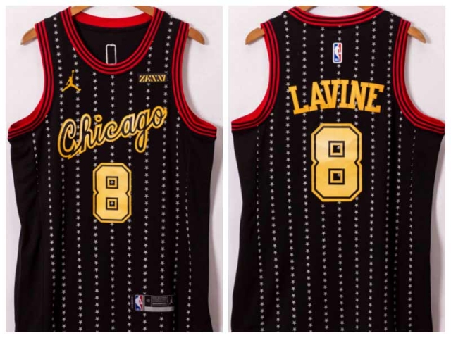 Chicago Bulls #8 Zach Lavine Black Yellow Number Jersey - Click Image to Close