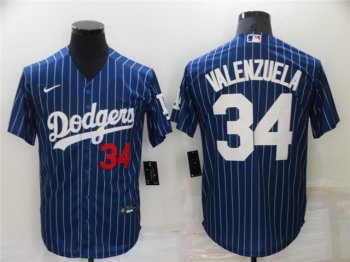 Los Angeles Dodgers #34 Fernando Valenzuela Blue Pinstripe Cool Base Jersey