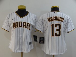 Women's San Diego Padres #13 Manny Machado White Stripe 2020 Cool Base Jersey