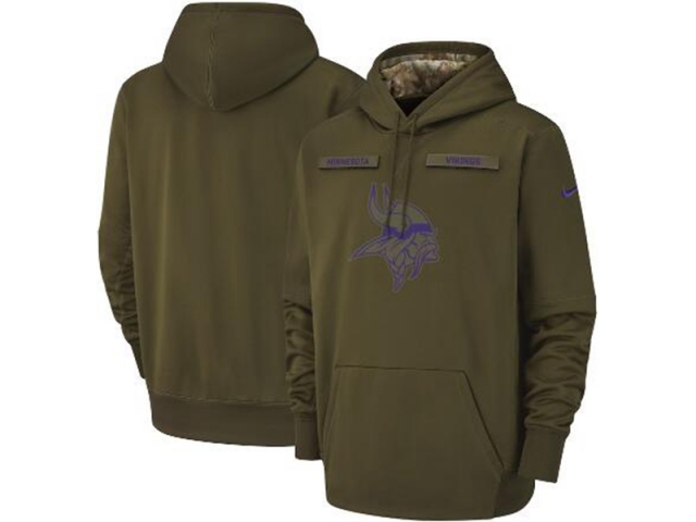 Minnesota Vikings Green Olive Salute To Service Sideline Therma Performance Pullover Hoodie Jersey - Click Image to Close