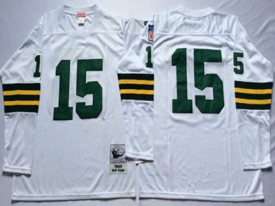 Green Bay Packers #15 Bart Starr 1969 Throwback White Long Sleeve Jersey