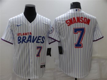 Atlanta Braves #7 Dansby Swanson White Pinstripe Cool Base Jersey