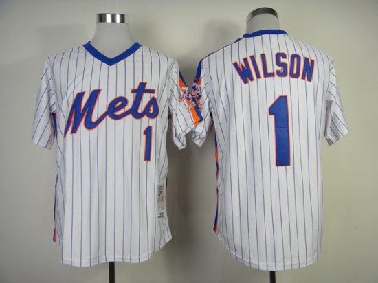 New York Mets #1 Mookie Wilson 1986 Throwback White Pinstripe Jersey