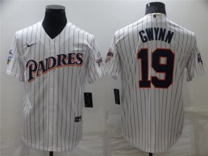 San Diego Padres #19 Tony Gwynn Vintage White Pinstripe 1998 World Series Patch Jersey