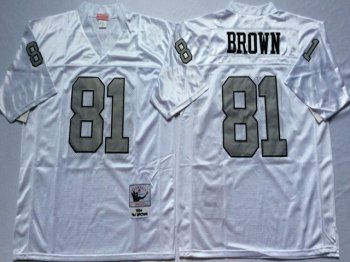 Oakland Raiders #81 Tim Brown Throwback White/Silver Jersey