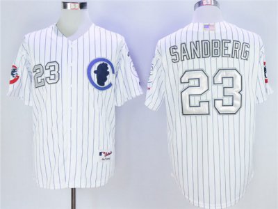 Chicago Cubs #23 Ryne Sandberg White Stripe With Silver Name Cool Base Jersey