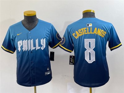 Youth Philadelphia Phillies #8 Nick Castellanos Blue 2024 City Connect Limited Jersey