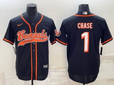 Cincinnati Bengals #1 Ja'Marr Chase Black Baseball Cool Base Jersey