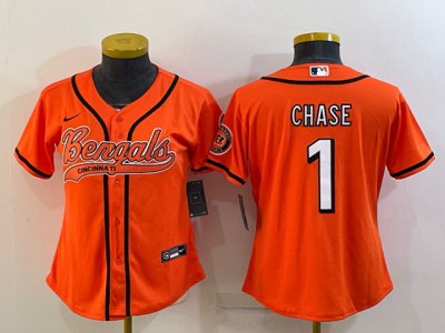 Womens Cincinnati Bengals #1 Ja'Marr Chase Orange Baseball Cool Base Jersey