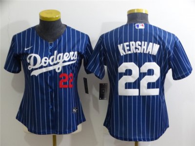 Women's Los Angeles Dodgers #22 Clayton Kershaw Blue Pinstripe Cool Base Jersey