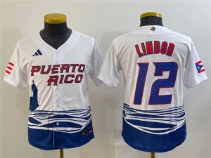 Youth Puerto Rico #12 Francisco Lindor White 2023 World Baseball Classic Jersey