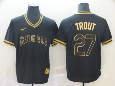 Los Angeles Angels #27 Mike Trout Black Gold Cooperstown Collection Legend V Neck Jersey