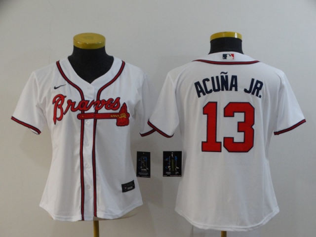 Women's Atlanta Braves #13 Ronald Acuna Jr. White Cool Base Jersey - Click Image to Close