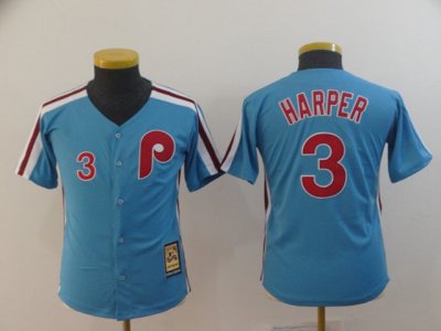 Youth Philadelphia Phillies #3 Bryce Harper Blue Cooperstown Collection Cool Base Jersey