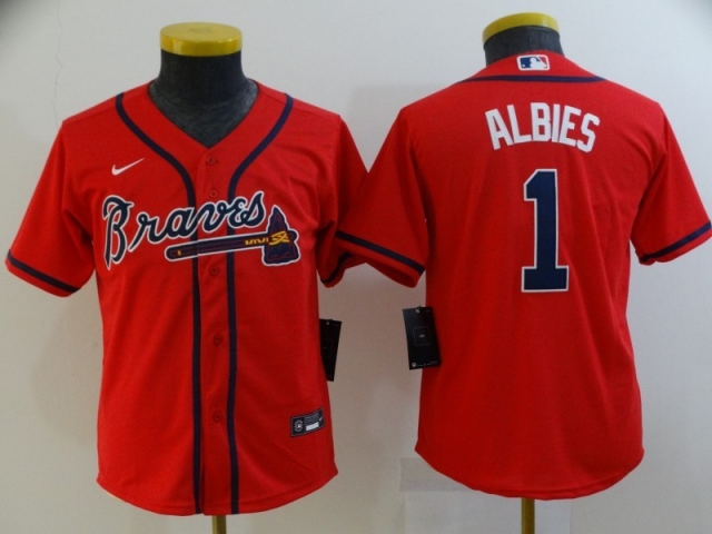 Youth Atlanta Braves #1 Ozzie Albies Red Cool Base Jersey - Click Image to Close