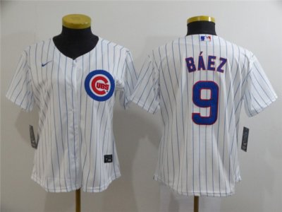Women's Chicago Cubs #9 Javier Baez White Stripe Cool Base Jersey
