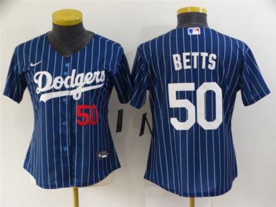 Women's Los Angeles Dodgers #50 Mookie Betts Blue Pinstripe Cool Base Jersey