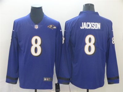 Baltimore Ravens #8 Lamar Jackson Purple Therma Long Sleeve Jersey