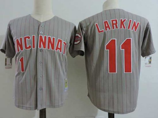 Cincinnati Reds #11 Barry Larkin Gray Stripe Throwback Jersey