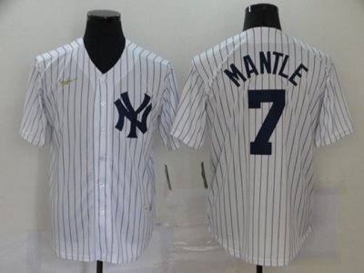 New York Yankees #7 Mickey Mantle White Stripe Gold Logo Cool Base Jersey