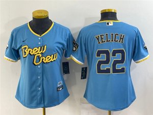 Women's Milwaukee Brewers #22 Christian Yelich Powder Blue 2022 City Connect Cool Base Jersey
