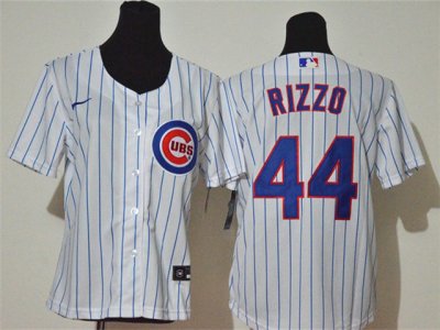 Women's Chicago Cubs #44 Anthony Rizzo White Stripe Cool Base Jersey