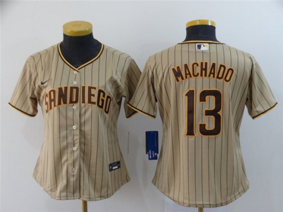 Women's San Diego Padres #13 Manny Machado Gray Pinstripe Cool Base Jersey