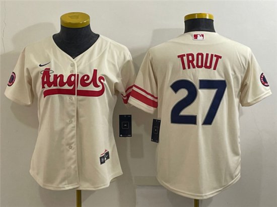 Women's Los Angeles Angels #27 Mike Trout Cream 2022 City Connect Cool Base Jersey