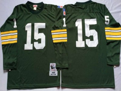 Green Bay Packers #15 Bart Starr 1969 Throwback Green Long Sleeve Jersey
