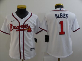 Youth Atlanta Braves #1 Ozzie Albies White Cool Base Jersey