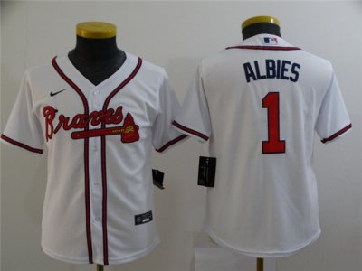 Youth Atlanta Braves #1 Ozzie Albies White Cool Base Jersey