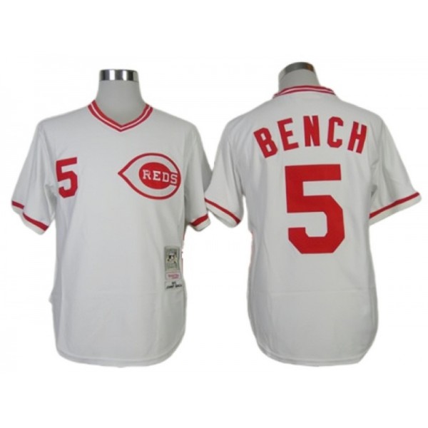 Cincinnati Reds #5 Johnny Bench White 1975 Throwback Jersey