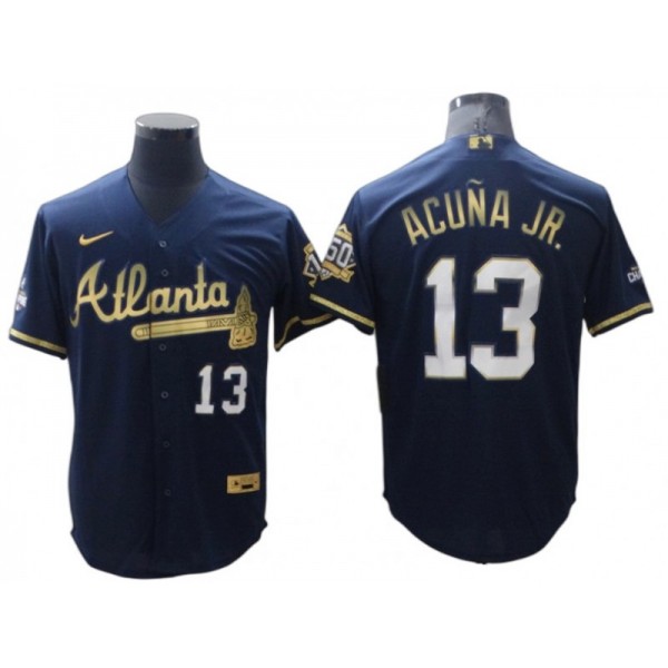 Atlanta Braves #13 Ronald Acuna Jr. Navy Golden Cool Base Jersey