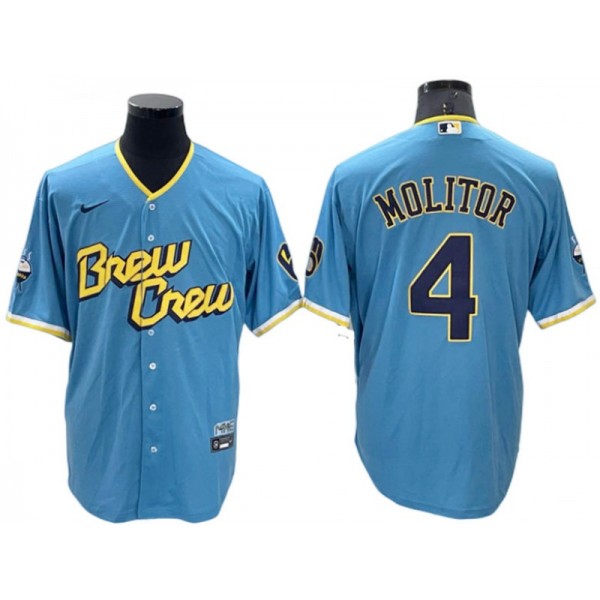 Milwaukee Brewers #4 Paul Molitor Powder Blue 2022 City Connect Cool Base Jersey