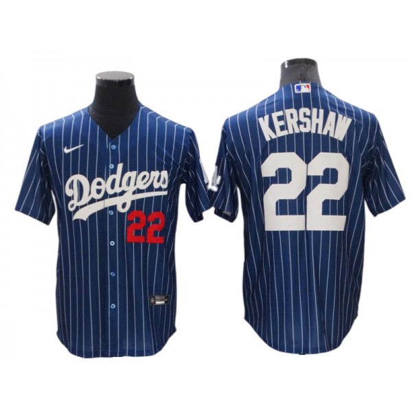 Los Angeles Dodgers #22 Clayton Kershaw Blue Pinstripe Cool Base Jersey