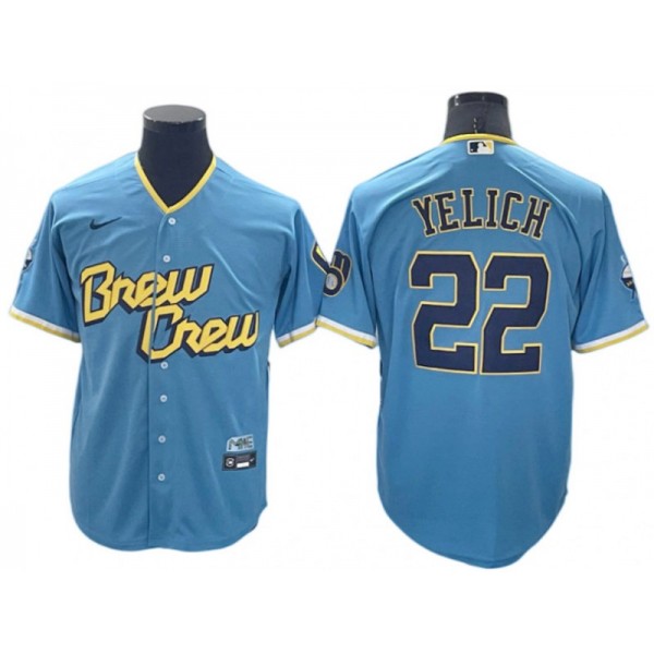 Milwaukee Brewers #22 Christian Yelich Powder Blue 2022 City Connect Cool Base Jersey