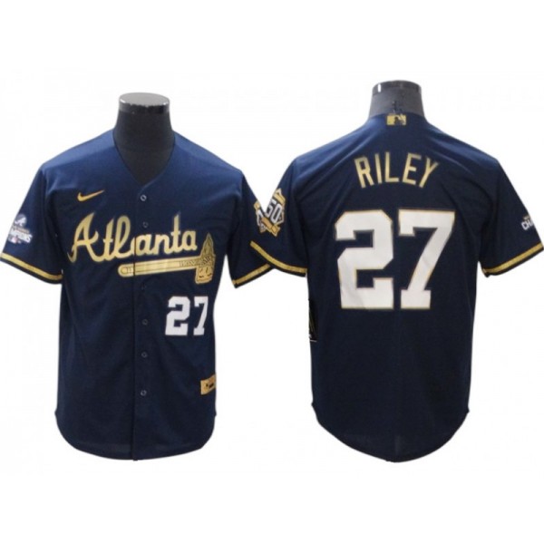 Atlanta Braves #27 Austin Riley Navy Golden Cool Base Jersey